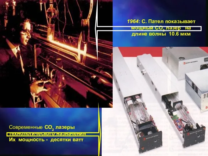 1964: C. Пател показывает мощный СО2 лазер на длине волны 10.6