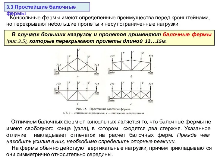 3.3 Простейшие балочные фермы Консольные фермы имеют определенные преимущества перед кронштейнами,