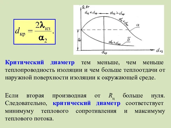 Критический диаметр тем меньше, чем меньше теплопроводность изоляции и чем больше