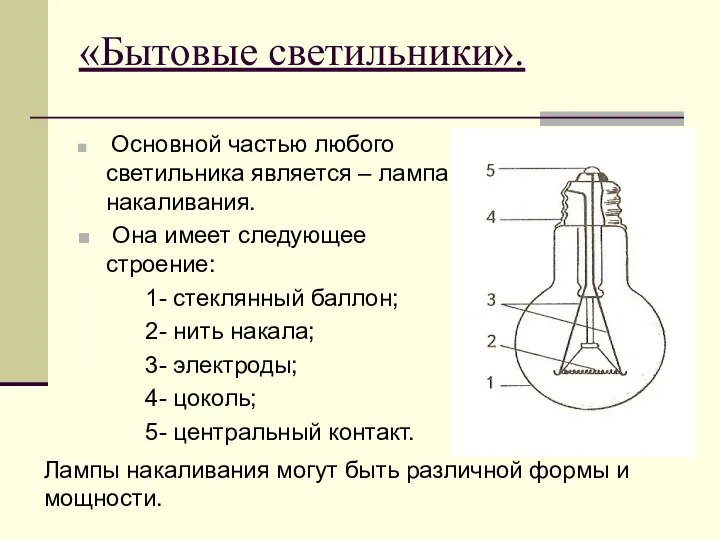 «Бытовые светильники». Основной частью любого светильника является – лампа накаливания. Она