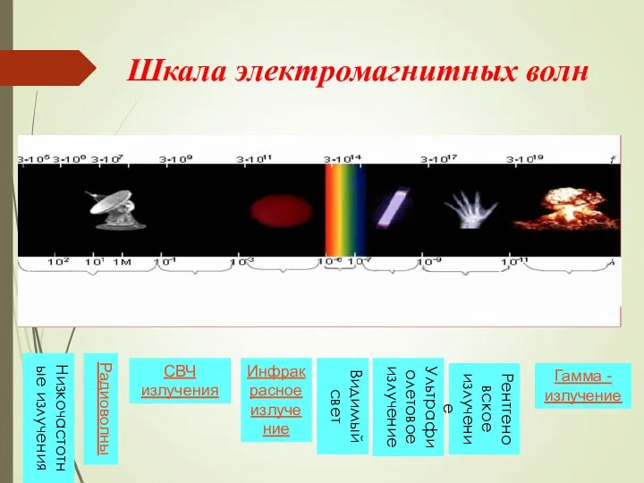 Шкала электромагнитных волн Радиоволны СВЧ излучения Инфракрасное излучение Видимый свет Ультрафиолетовое