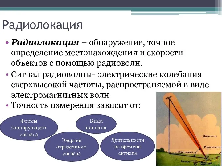 Радиолокация Радиолокация – обнаружение, точное определение местонахождения и скорости объектов с