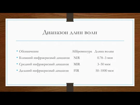 Диапазон длин волн Обозначение Аббревиатура Длина волны Ближний инфракрасный диапазон NIR