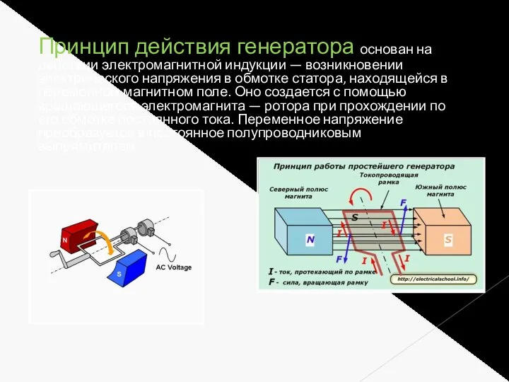 Принцип действия генератора основан на действии электромагнитной индукции — возникновении электрического