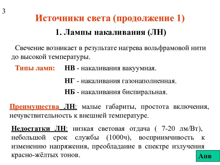 Источники света (продолжение 1) 1. Лампы накаливания (ЛН) Свечение возникает в