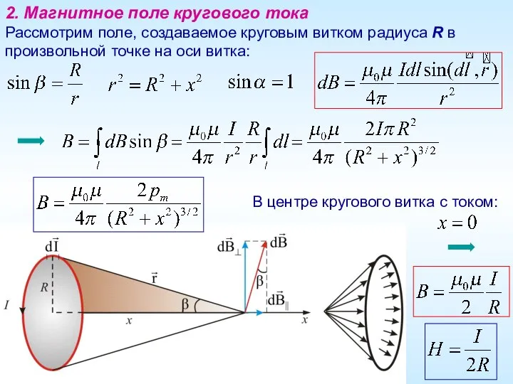 2. Магнитное поле кругового тока Рассмотрим поле, создаваемое круговым витком радиуса