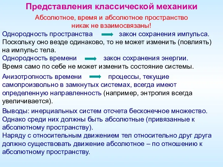 Представления классической механики Абсолютное, время и абсолютное пространство никак не взаимосвязаны!