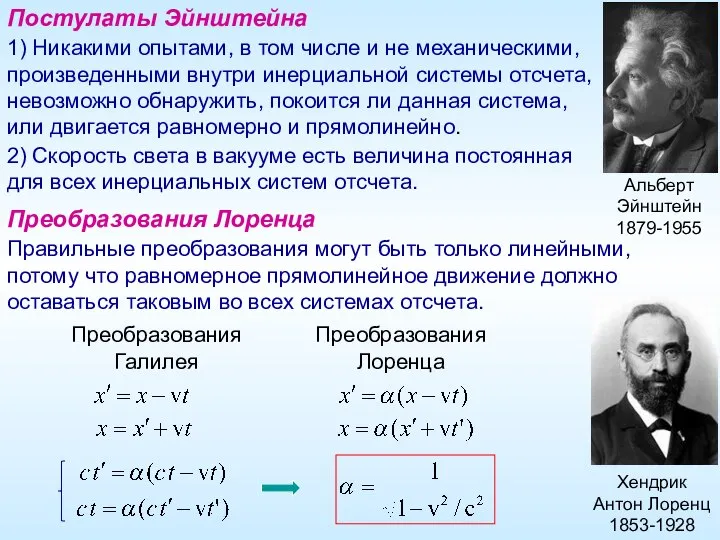 Постулаты Эйнштейна 1) Никакими опытами, в том числе и не механическими,