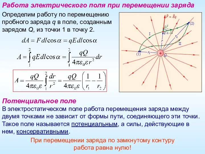 Работа электрического поля при перемещении заряда Определим работу по перемещению пробного