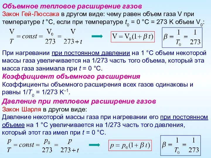 Объемное тепловое расширение газов Закон Гей-Люссака в другом виде: чему равен