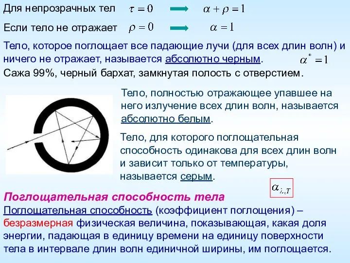 Для непрозрачных тел Если тело не отражает Тело, которое поглощает все