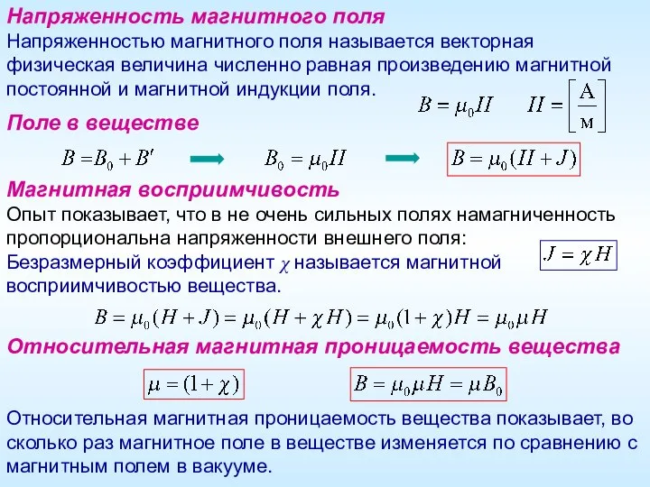 Напряженность магнитного поля Напряженностью магнитного поля называется векторная физическая величина численно