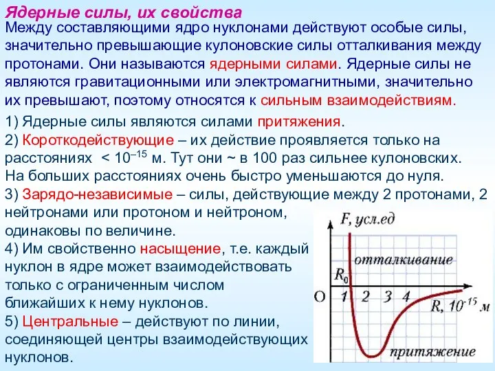 1) Ядерные силы являются силами притяжения. 2) Короткодействующие – их действие