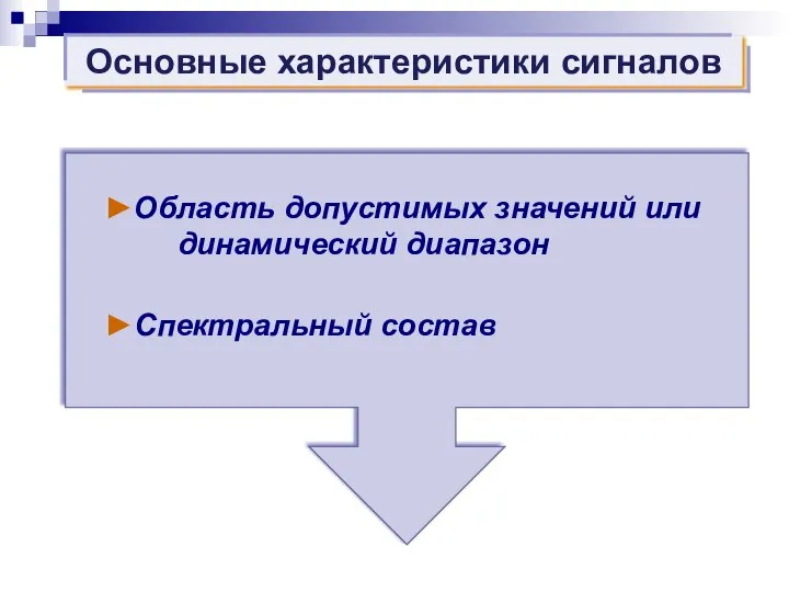 Основные характеристики сигналов ►Область допустимых значений или динамический диапазон ►Спектральный состав