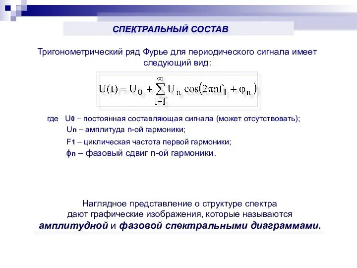 Тригонометрический ряд Фурье для периодического сигнала имеет следующий вид: где U0