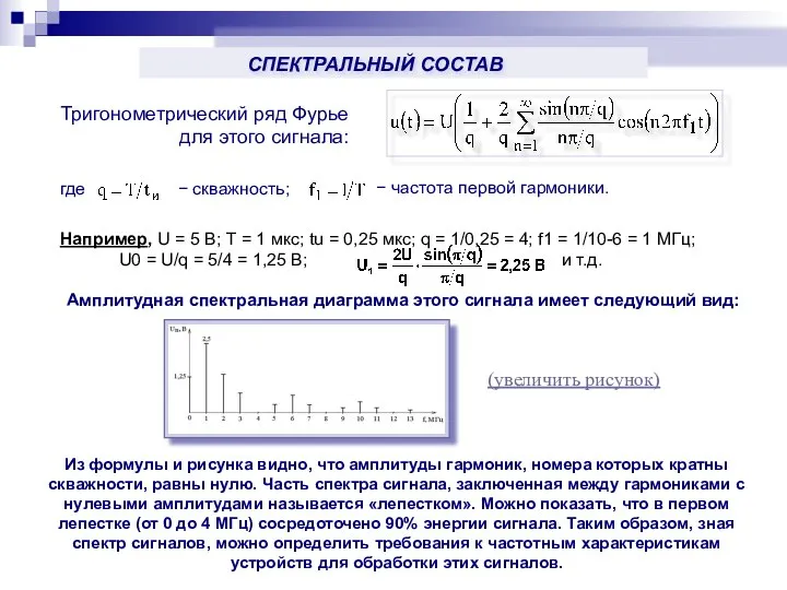 Тригонометрический ряд Фурье для этого сигнала: Амплитудная спектральная диаграмма этого сигнала