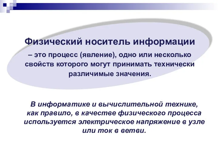 Физический носитель информации – это процесс (явление), одно или несколько свойств