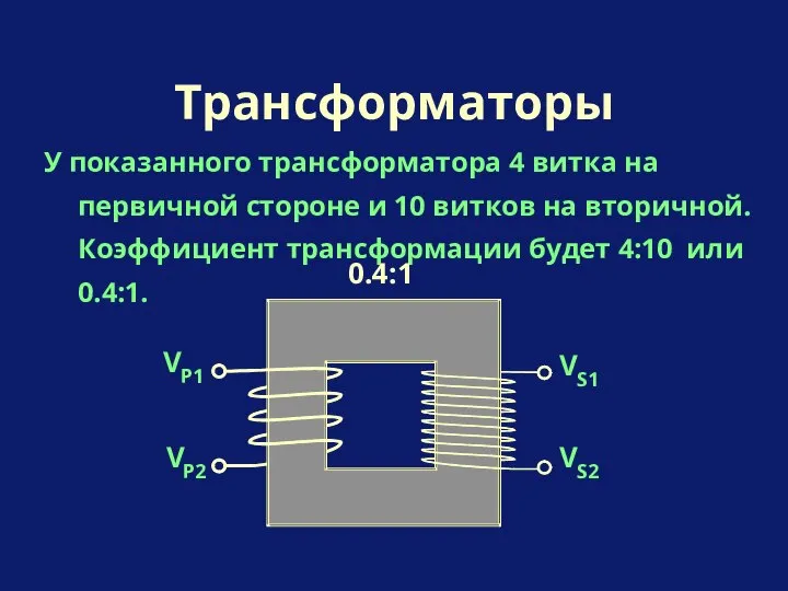 У показанного трансформатора 4 витка на первичной стороне и 10 витков