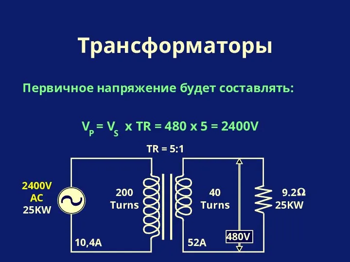 Первичное напряжение будет составлять: Трансформаторы 200 Turns 40 Turns TR =