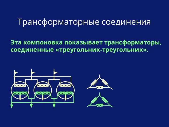 Трансформаторные соединения Эта компоновка показывает трансформаторы, соединенные «треугольник-треугольник».