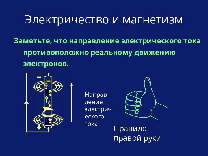 Заметьте, что направление электрического тока противоположно реальному движению электронов. Электричество и магнетизм