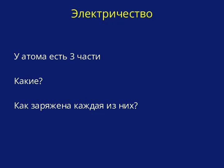 У атома есть 3 части Какие? Как заряжена каждая из них? Электричество