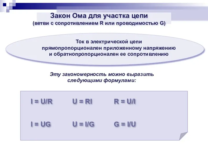 Ток в электрической цепи прямопропорционален приложенному напряжению и обратнопропорционален ее сопротивлению