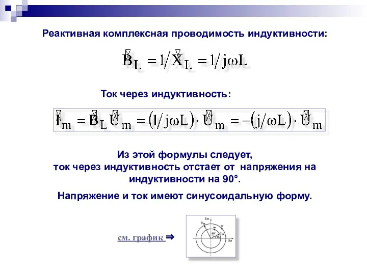 Реактивная комплексная проводимость индуктивности: Ток через индуктивность: Из этой формулы следует,