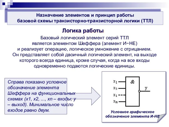 Назначение элементов и принцип работы базовой схемы транзисторно-транзисторной логики (ТТЛ) Логика
