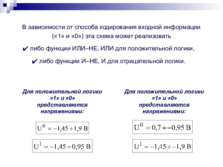 В зависимости от способа кодирования входной информации («1» и «0») эта