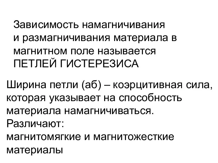 Зависимость намагничивания и размагничивания материала в магнитном поле называется ПЕТЛЕЙ ГИСТЕРЕЗИСА