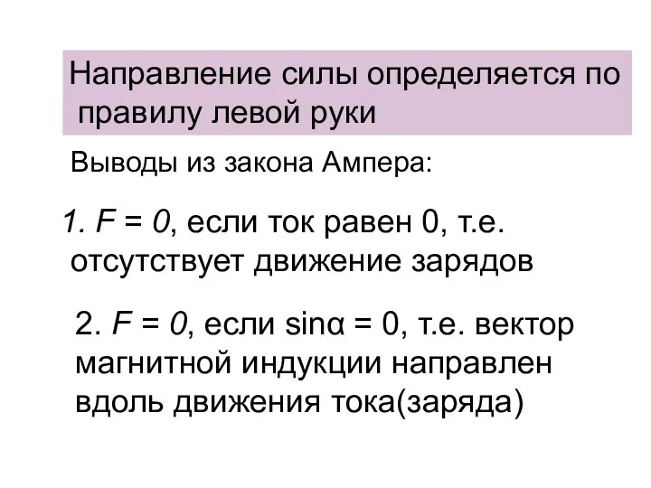 Направление силы определяется по правилу левой руки Выводы из закона Ампера: