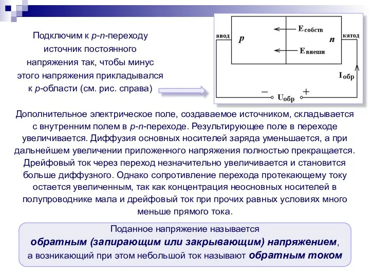 Подключим к p-n-переходу источник постоянного напряжения так, чтобы минус этого напряжения