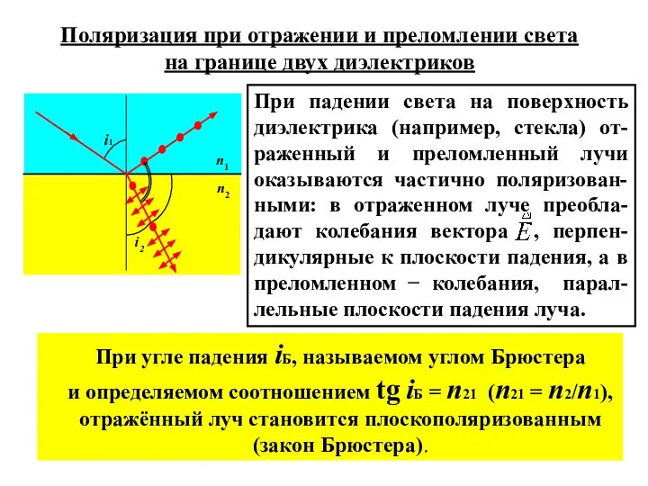 Поляризация при отражении и преломлении света на границе двух диэлектриков При