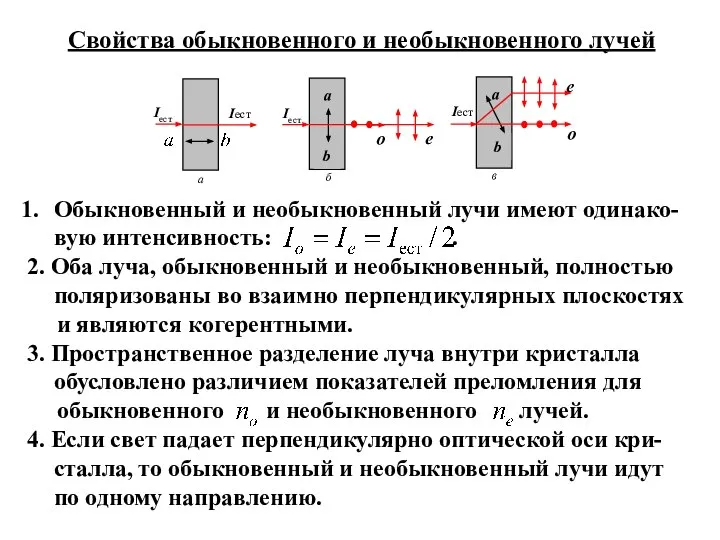 Свойства обыкновенного и необыкновенного лучей Обыкновенный и необыкновенный лучи имеют одинако-вую