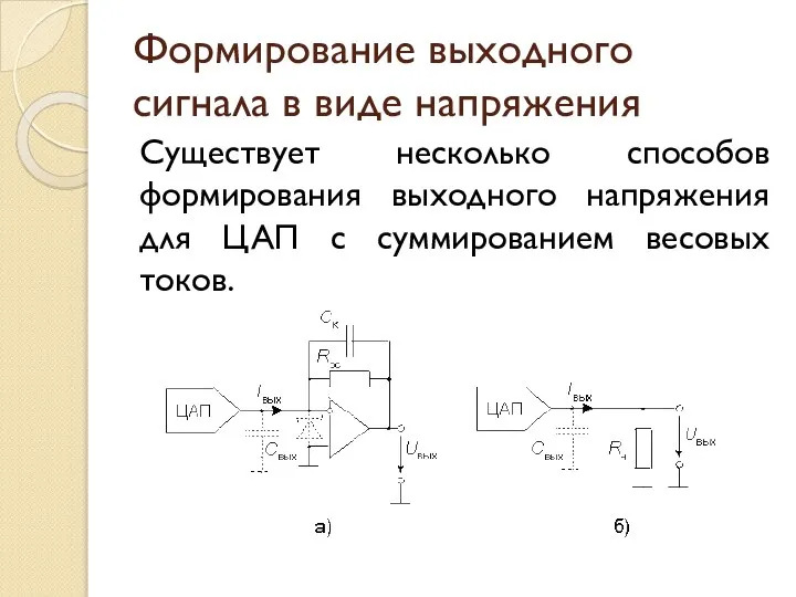 Формирование выходного сигнала в виде напряжения Существует несколько способов формирования выходного