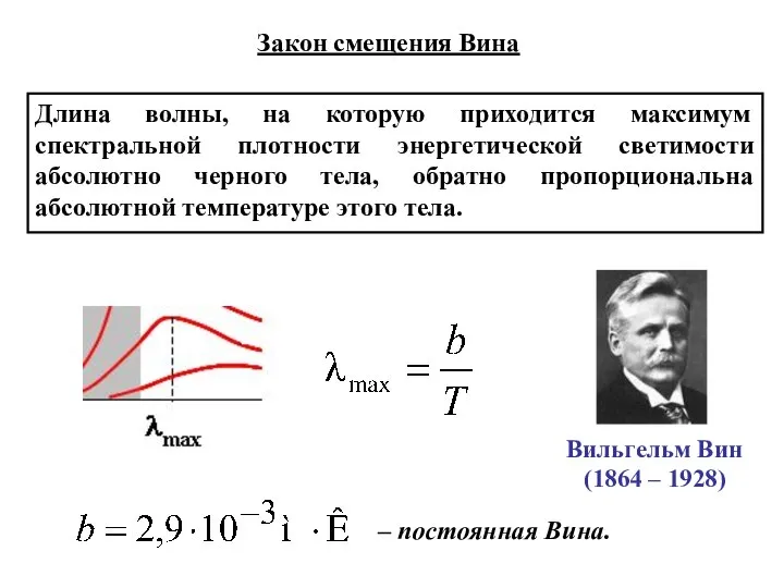 Закон смещения Вина Длина волны, на которую приходится максимум спектральной плотности