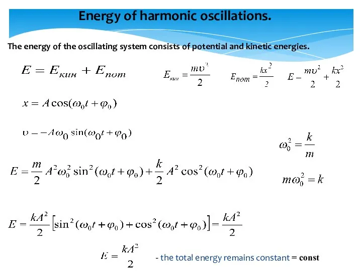 Energy of harmonic oscillations. The energy of the oscillating system consists