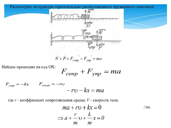 Рассмотрим на примере горизонтально расположенного пружинного маятника: По второму закону Ньютона: