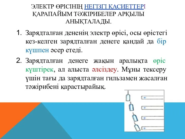 ЭЛЕКТР ӨРIСIНIҢ НЕГIЗГI ҚАСИЕТТЕРI ҚАРАПАЙЫМ ТӘЖIРИБЕЛЕР АРҚЫЛЫ АНЫҚТАЛАДЫ. Зарядталған дененiң электр