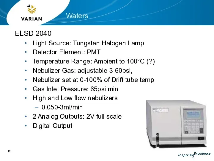 ELSD 2040 Light Source: Tungsten Halogen Lamp Detector Element: PMT Temperature