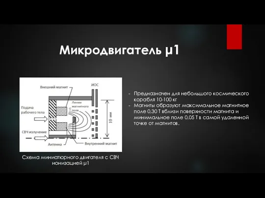 Микродвигатель μ1 Предназначен для небольшого космического корабля 10-100 кг Магниты образуют