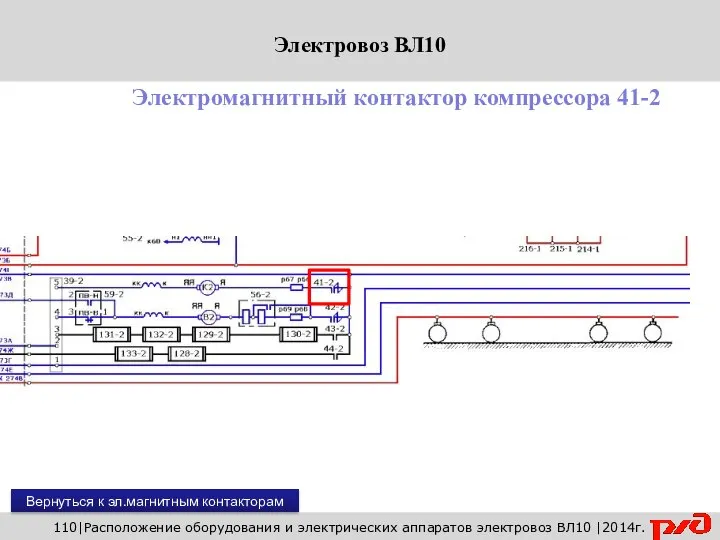 110|Расположение оборудования и электрических аппаратов электровоз ВЛ10 |2014г. Электромагнитный контактор компрессора 41-2 Вернуться к эл.магнитным контакторам