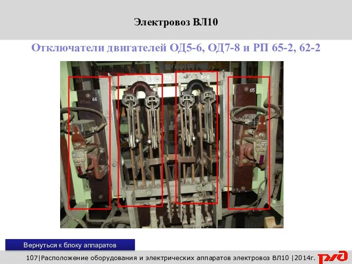 107|Расположение оборудования и электрических аппаратов электровоз ВЛ10 |2014г. Отключатели двигателей ОД5-6,