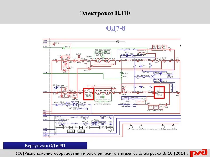 106|Расположение оборудования и электрических аппаратов электровоз ВЛ10 |2014г. ОД7-8 Вернуться к ОД и РП