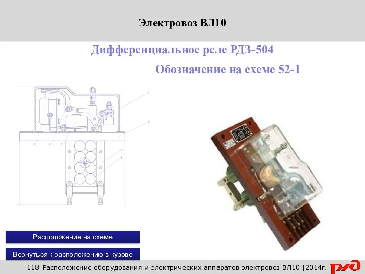 118|Расположение оборудования и электрических аппаратов электровоз ВЛ10 |2014г. Дифференциальное реле РДЗ-504