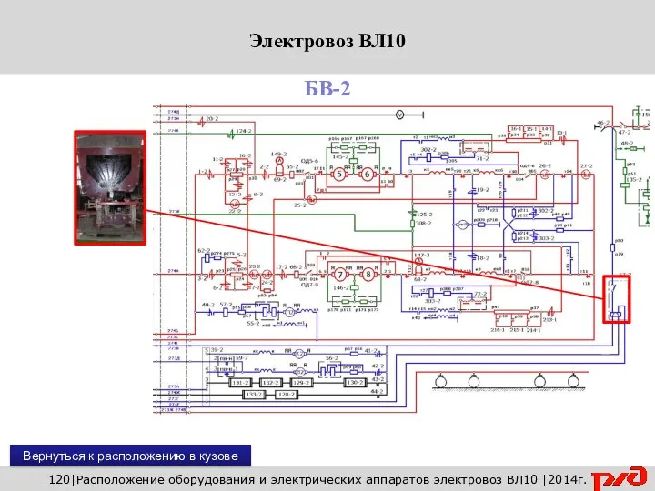 120|Расположение оборудования и электрических аппаратов электровоз ВЛ10 |2014г. БВ-2 Вернуться к расположению в кузове