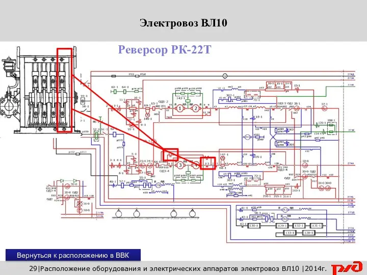 Вернуться к расположению в ВВК 29|Расположение оборудования и электрических аппаратов электровоз ВЛ10 |2014г. Реверсор РК-22Т