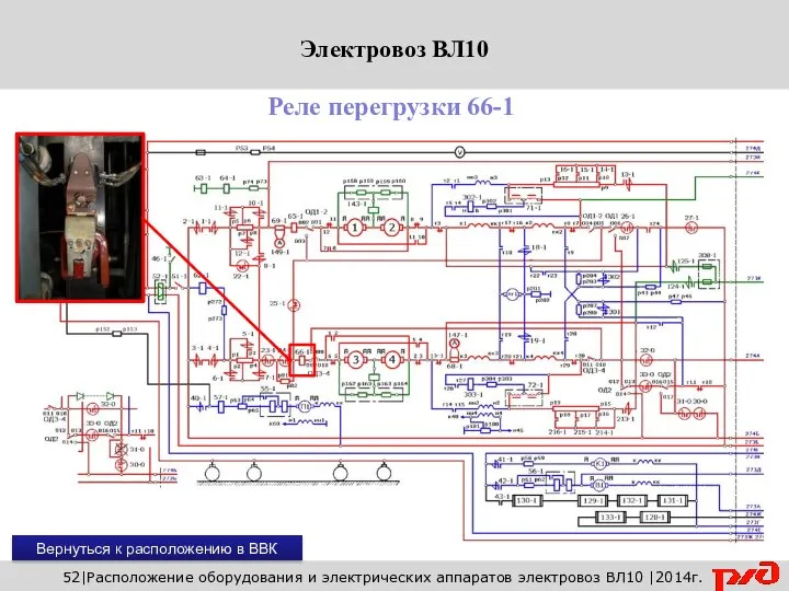 Вернуться к расположению в ВВК 52|Расположение оборудования и электрических аппаратов электровоз ВЛ10 |2014г. Реле перегрузки 66-1