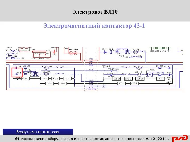 Вернуться к контакторам 64|Расположение оборудования и электрических аппаратов электровоз ВЛ10 |2014г. Электромагнитный контактор 43-1